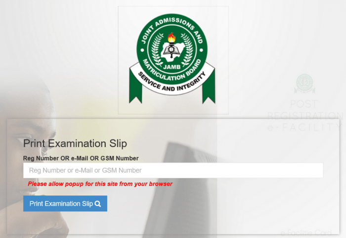JAMB Exam Slip