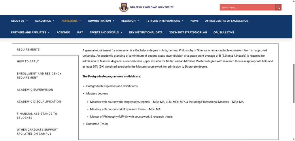 OAU PG Admission Requirements