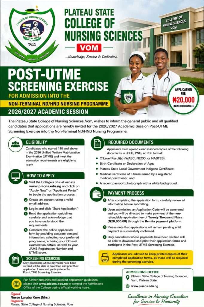 Plateau State College of Nursing Sciences Post-UTME