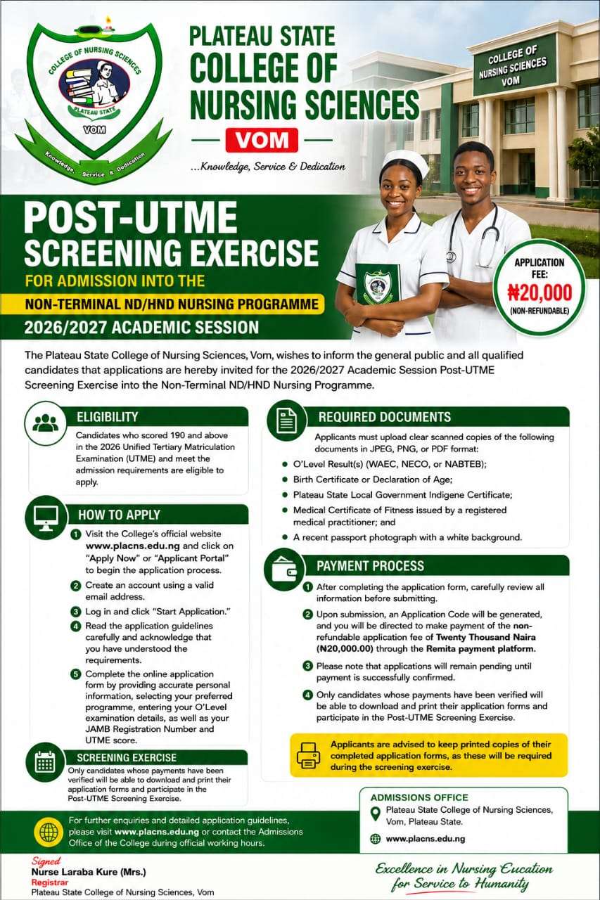 Plateau State College of Nursing Sciences Post-UTME