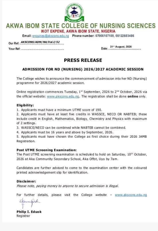 Akwa Ibom State College of Nursing Sciences ND Nursing Admission